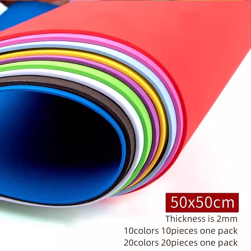 Color mix 10 or 20 regular colors, 10 or 20 pieces one pack, 50*50cm*2mm size colorful EVA foam sheet